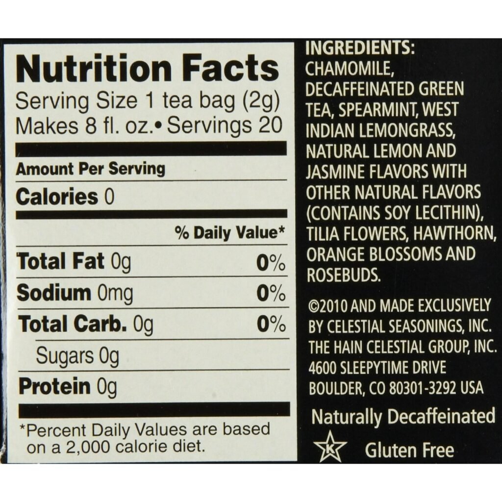 Celestial Seasoning Decafe Green Tea Back Label