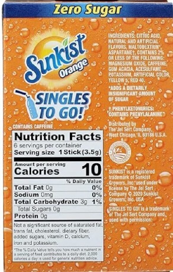Sunkist Zero Sugar Back Label
